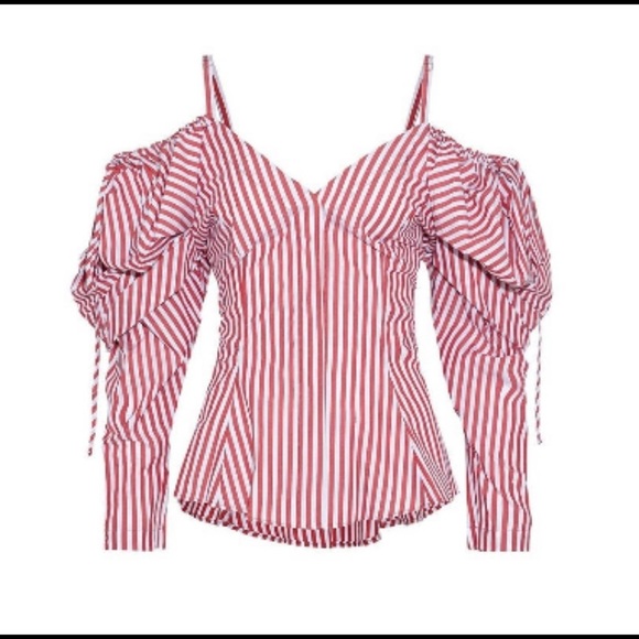 Petersyn Alice Striped Poplin Cold Should Blouse Size M Red and White - Picture 7 of 15